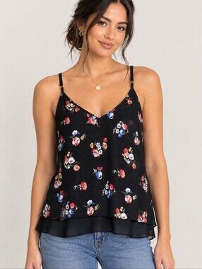 New Collection (50$) | Black Floral Layered Chiffon Cami Tank Top, Ptp 16 1/2"